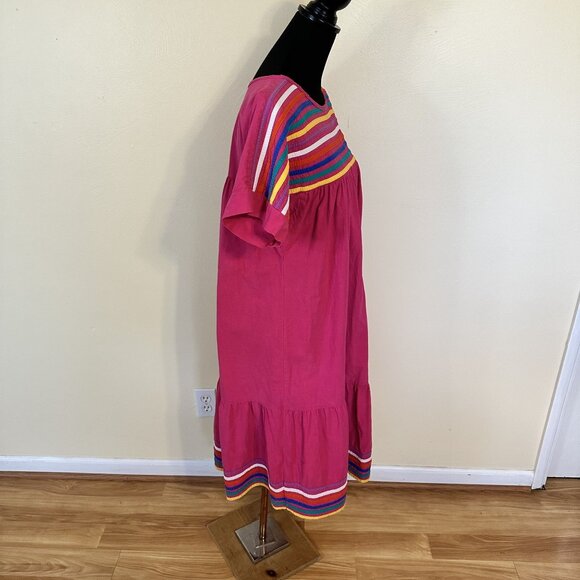 Womens Hot Pink MuMu Housedress Cotton Medium Striped Embroidered Pockets Midi - Picture 8 of 9